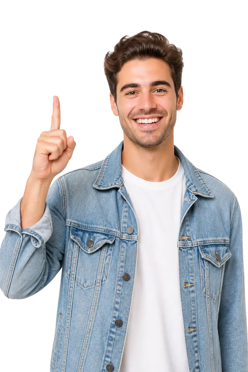 Smiling man pointing up