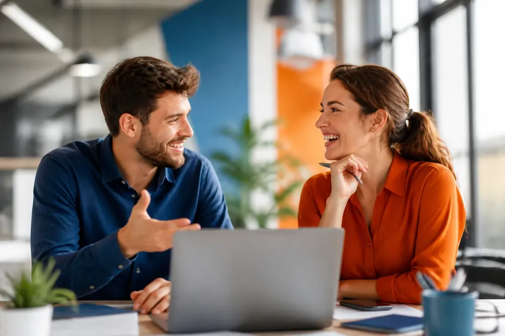 Two people planning a visit to a local business